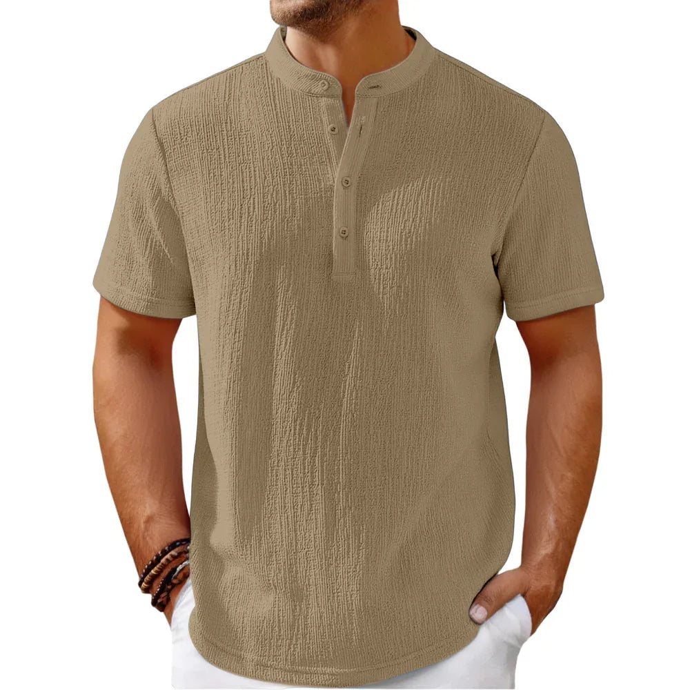 Men's Retro Cotton And Linen Striped Casual Loose Henley Shirt