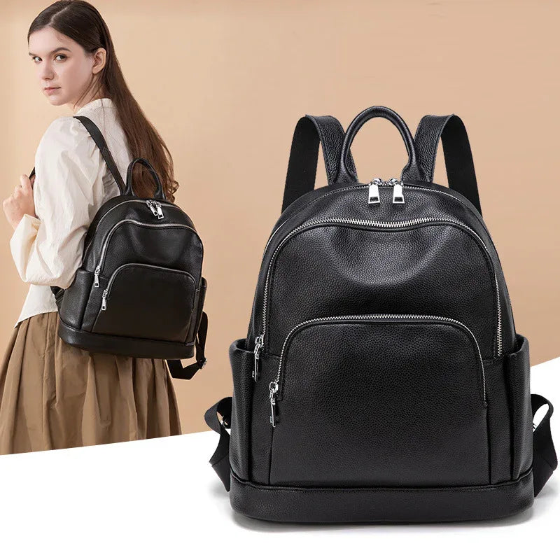 Modischer einfarbiger Rucksack für Damen mit großer Kapazität aus weichem Leder
