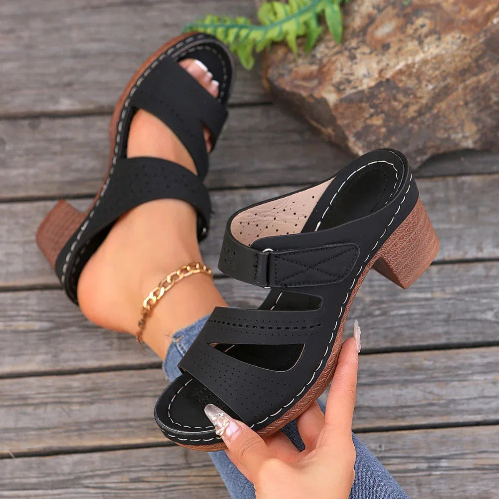 Quadratische Absatz Peep-Toe Sandalen für den Sommer, einfarbig, Freizeitschuhe