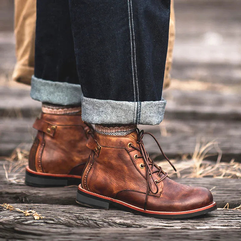 Bottes rétro homme en cuir à lacets - Chaussures moto à talon bas