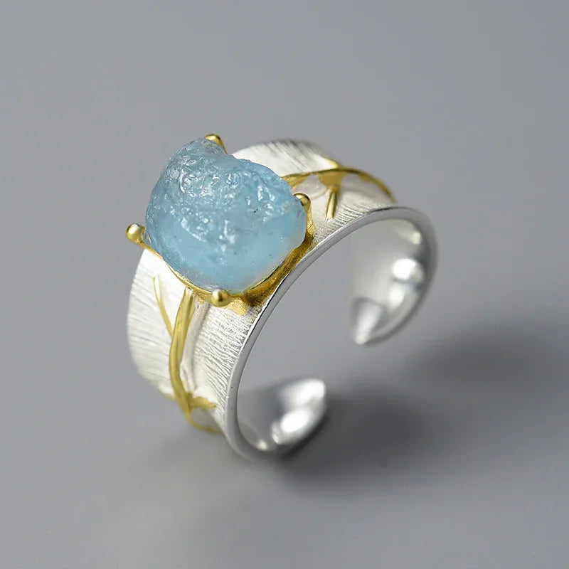 S925 Damen-Ring mit langem Blatt und Edelstein