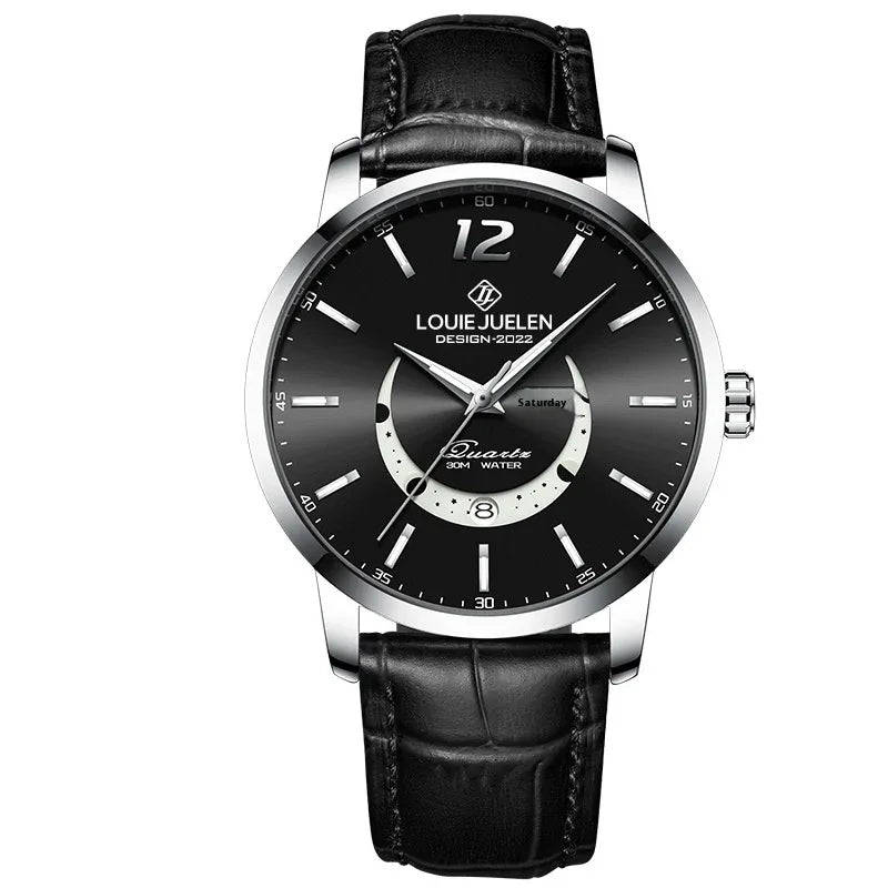 Leuchtende Wasserdichte Armbanduhr Herren Mode Echtes Lederarmband Quarzuhr
