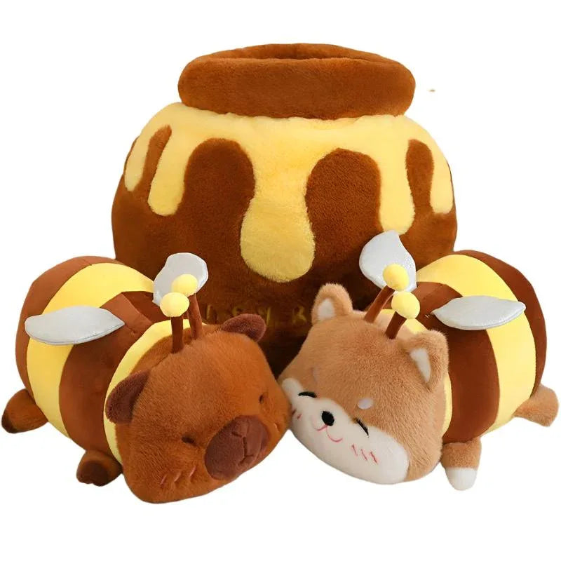 Bee-Capybara Et Bee-Shiba Inu Peluches Avec Pot De Miel En Peluche