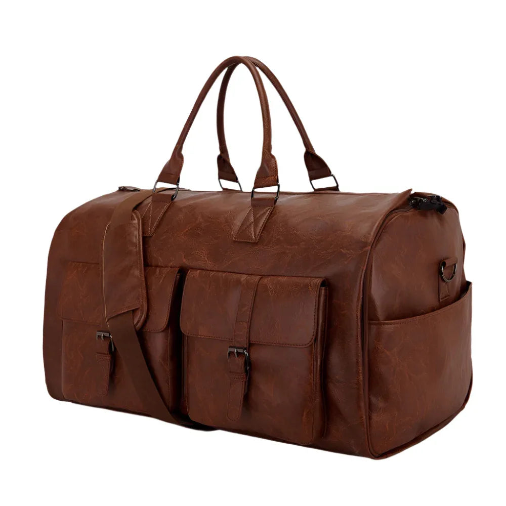 Sac de voyage en cuir PU marron avec bandoulière