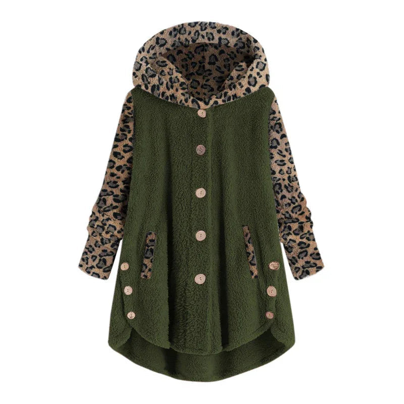 Manteau à capuche léopard en peluche à manches longues pour femmes pour l'automne et l'hiver