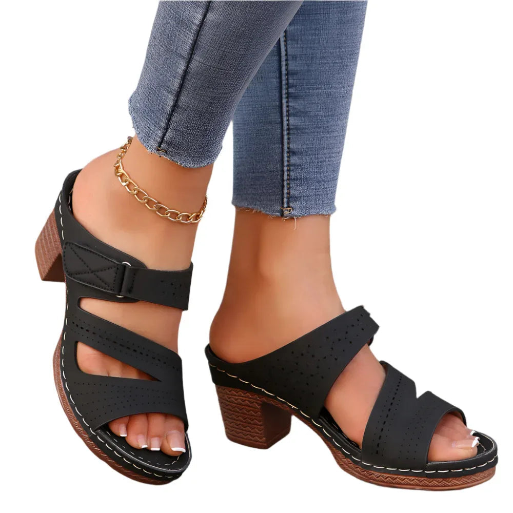Sandales d'été à talon carré et bout ouvert pour femmes Chaussures décontractées de couleur unie
