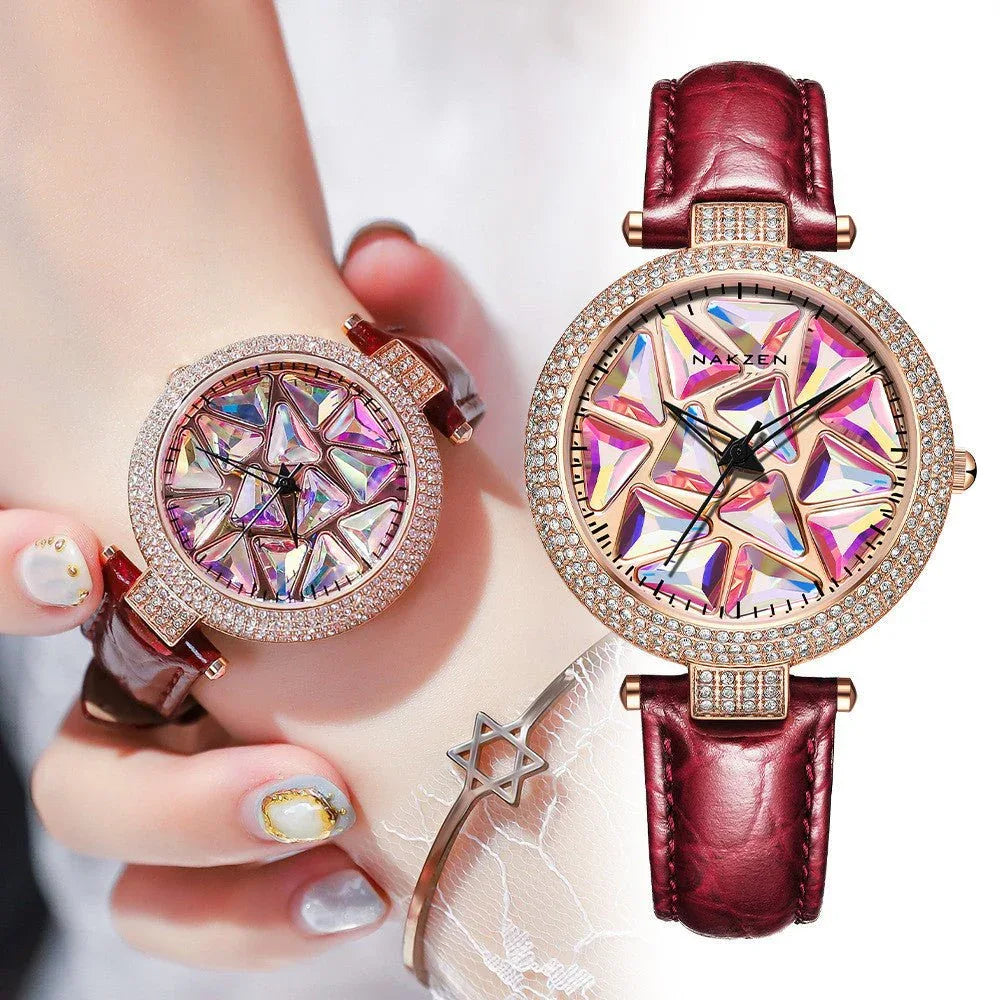 Damenuhren mit Lederarmband und Diamantzifferblatt