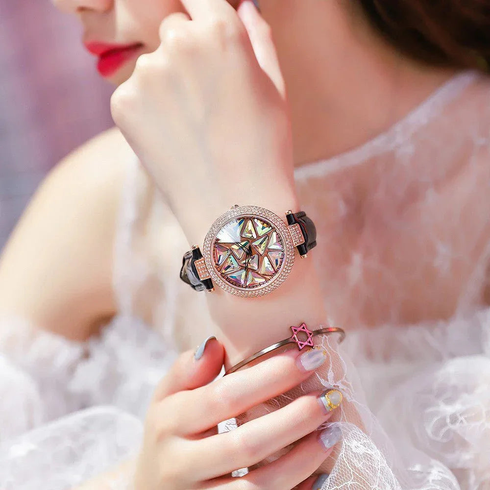 Damenuhren mit Lederarmband und Diamantzifferblatt