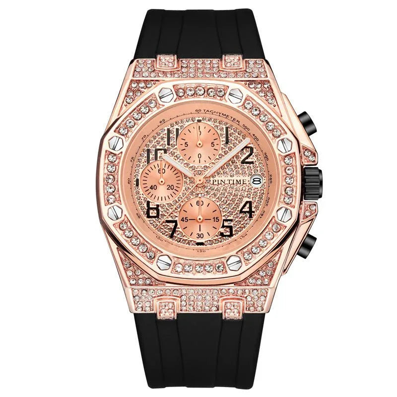 Montre Homme Grand Cadran Incrustée de Diamants avec Fonction Chronographe