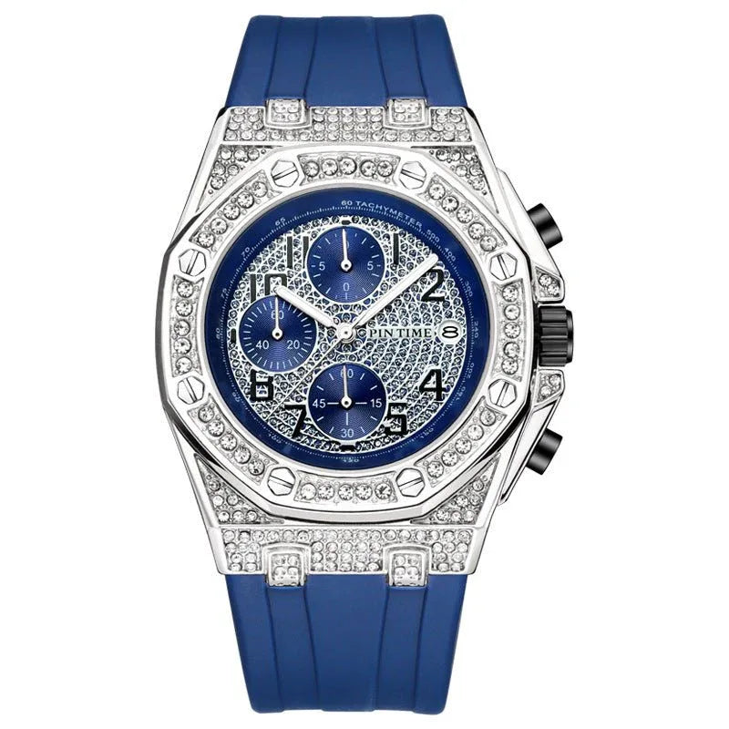 Montre Homme Grand Cadran Incrustée de Diamants avec Fonction Chronographe