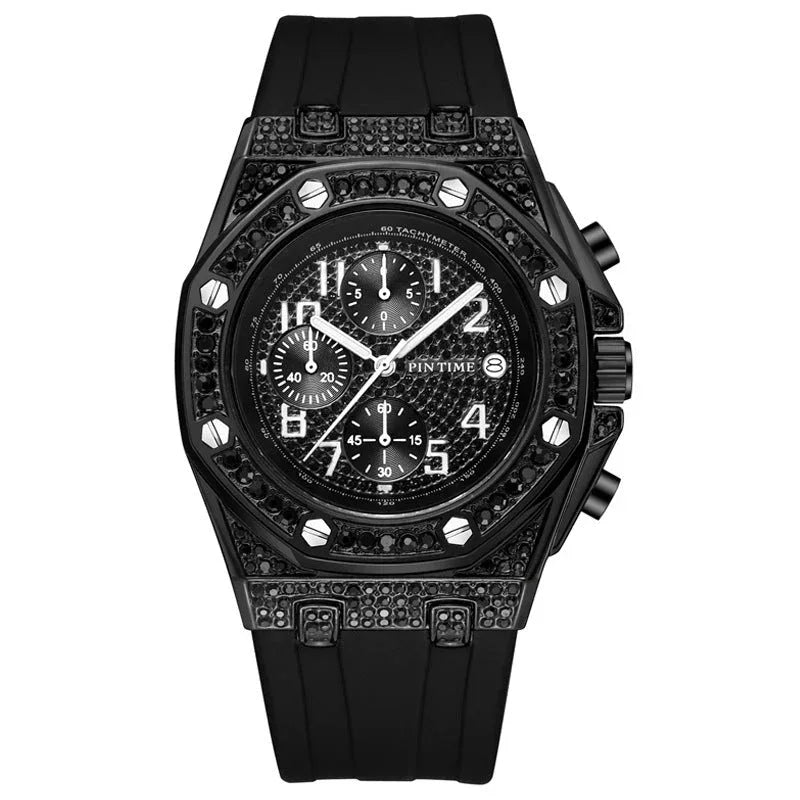 Montre Homme Grand Cadran Incrustée de Diamants avec Fonction Chronographe