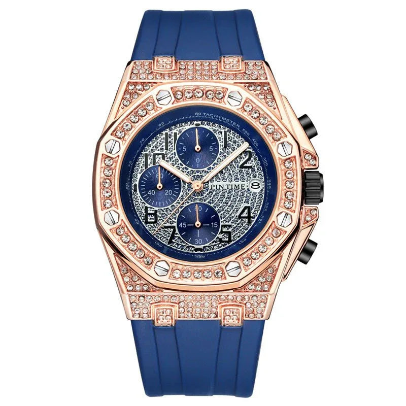Montre Homme Grand Cadran Incrustée de Diamants avec Fonction Chronographe