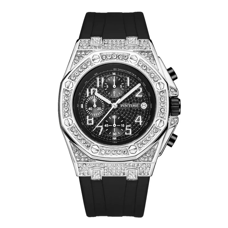 Montre Homme Grand Cadran Incrustée de Diamants avec Fonction Chronographe