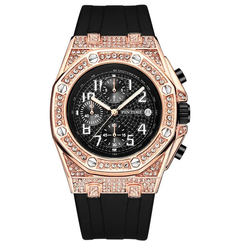 Montre Homme Grand Cadran Incrustée de Diamants avec Fonction Chronographe