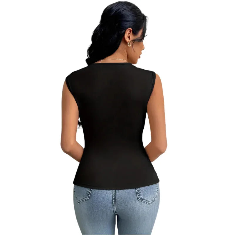 T-shirt asymétrique pour femme, col diagonal, sans manches