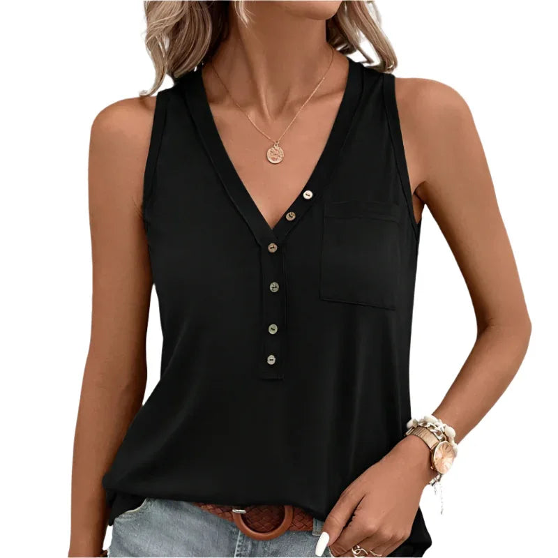 Lässiges Damen-T-Shirt-Oberteil mit halber Knopfleiste, aufgesetzter Tasche und Weste