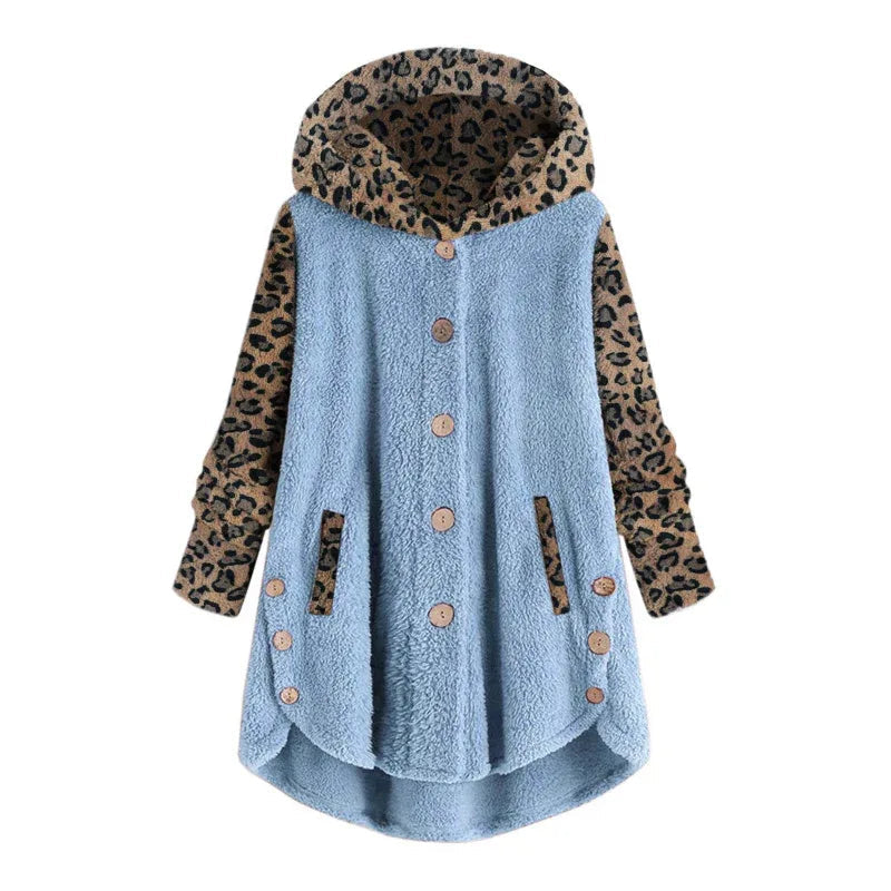 Manteau à capuche léopard en peluche à manches longues pour femmes pour l'automne et l'hiver