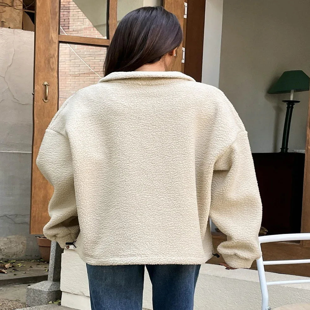 Geflicktes Detail Überschnittene Schulter Halb-Reißverschluss Fleece Sweatshirt Langarm Pullover Oberteile für Damen