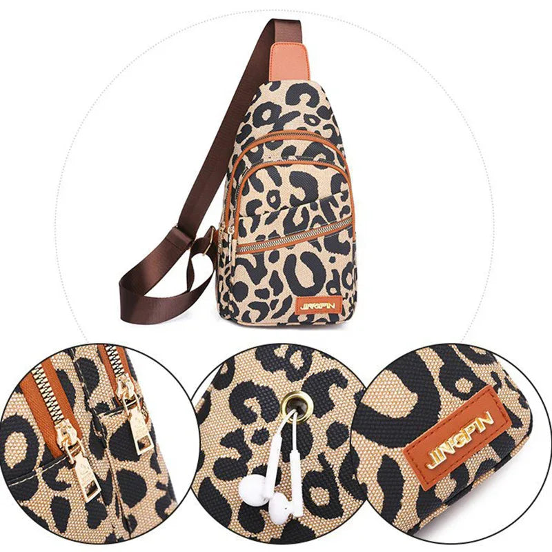 Leopardenmuster-Sling-Brusttasche mit Kopfhöreranschluss, Umhängetasche für Damen