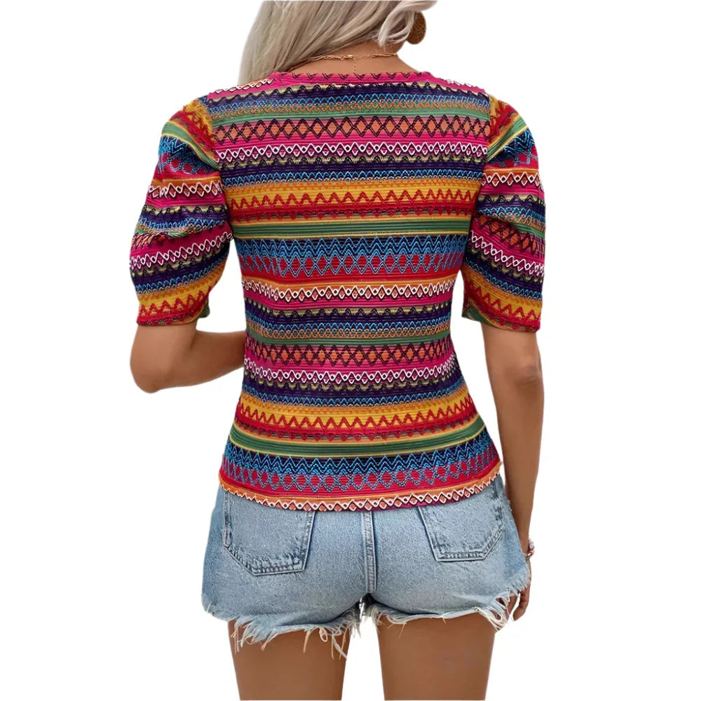 Lässiges Rundhals-Strick-Boho-Damen-T-Shirt-Oberteil