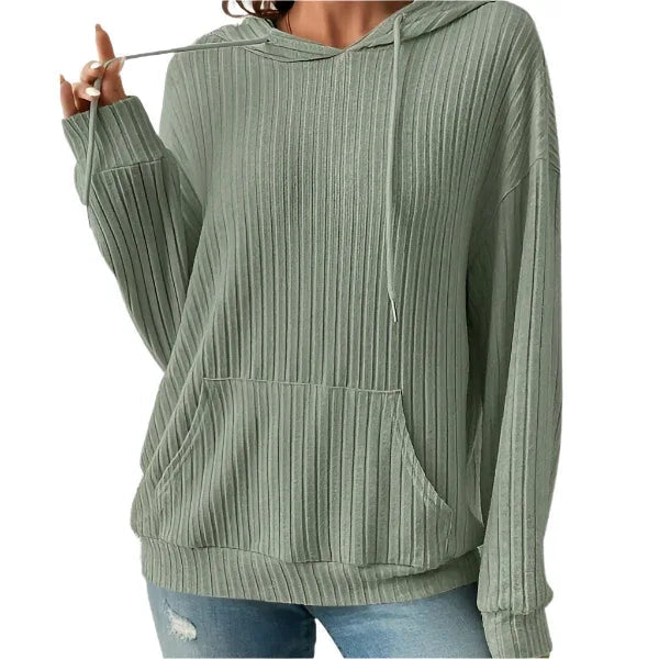 Modisches Kapuzen-Sweatshirt mit Kordelzug, langen Ärmeln und Taschen, unifarbener Strick-Hoodie für Damen