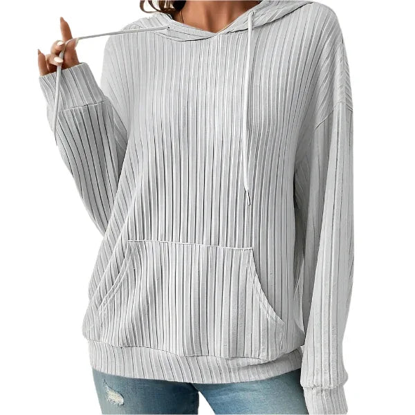 Modisches Kapuzen-Sweatshirt mit Kordelzug, langen Ärmeln und Taschen, unifarbener Strick-Hoodie für Damen