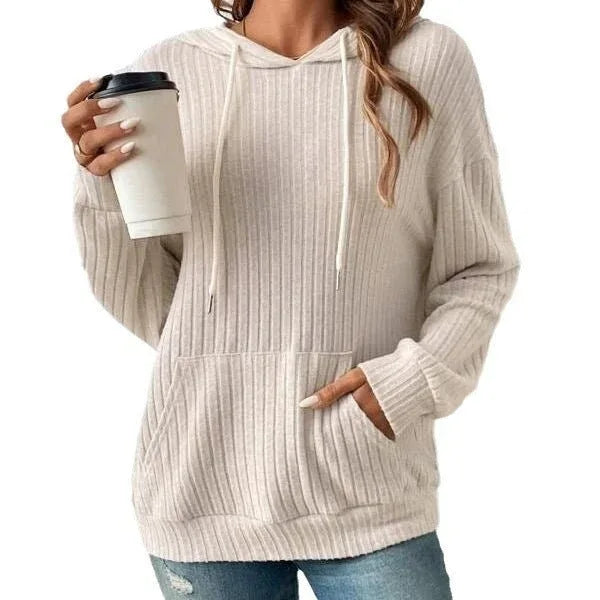 Modisches Kapuzen-Sweatshirt mit Kordelzug, langen Ärmeln und Taschen, unifarbener Strick-Hoodie für Damen