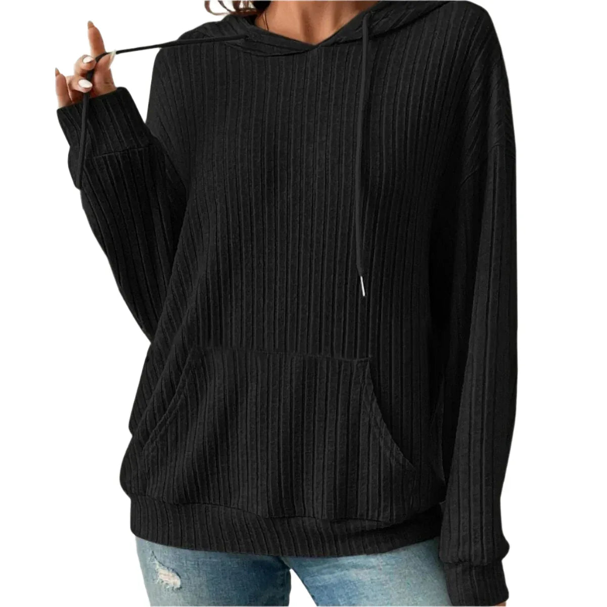 Modisches Kapuzen-Sweatshirt mit Kordelzug, langen Ärmeln und Taschen, unifarbener Strick-Hoodie für Damen