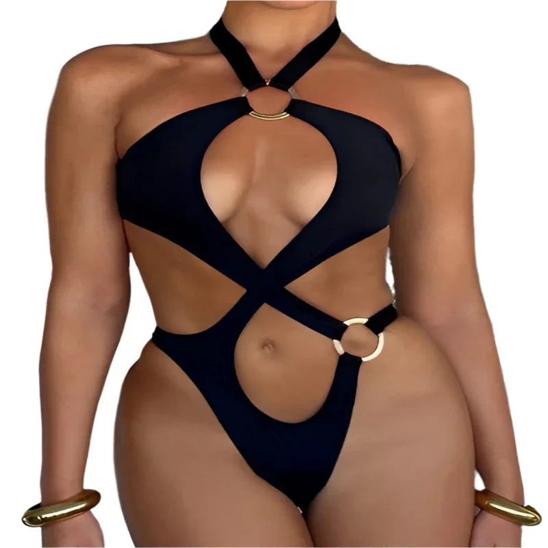 Sexy einfarbiger hohler siamesischer Bikini Damen Badeanzug