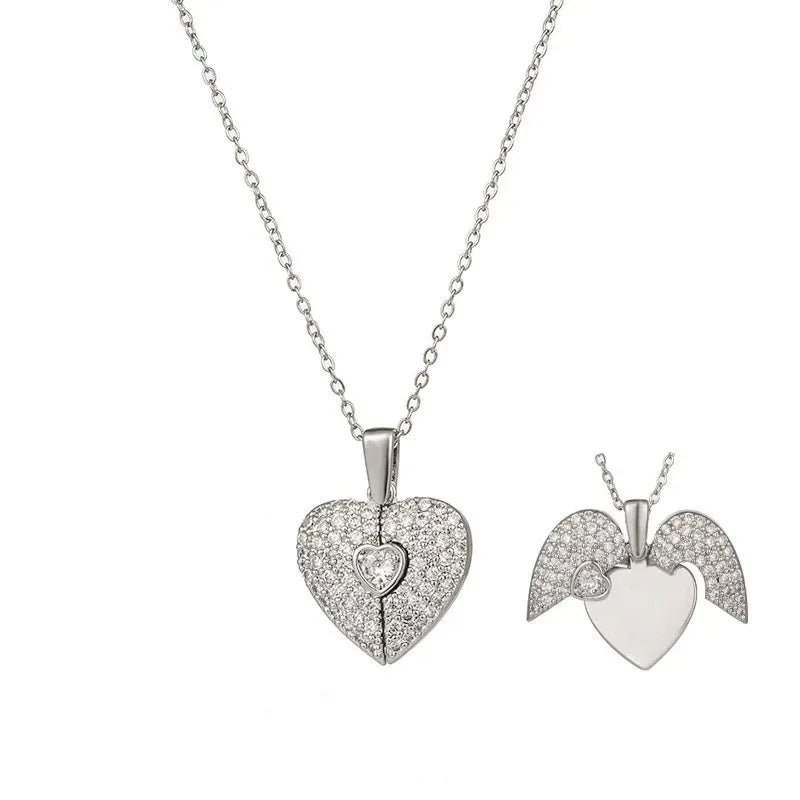 Damen Herz Öffnen Und Schließen Halskette Flügel Anhänger Schlüsselbein Kette Schmuck