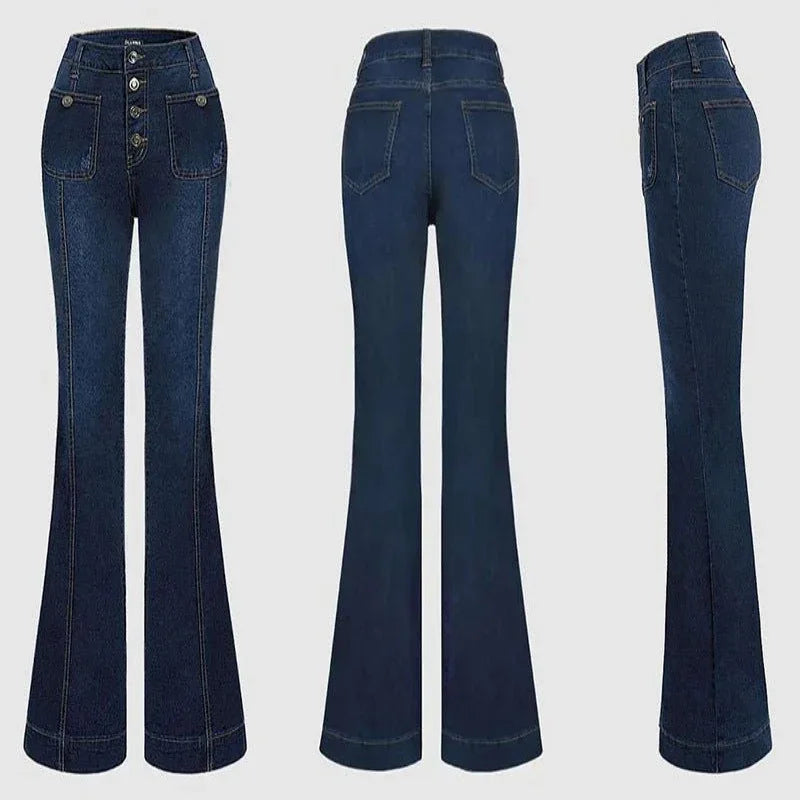 Pantalon Jean Femme Taille Haute Multi-boutons Slim Fit Denim