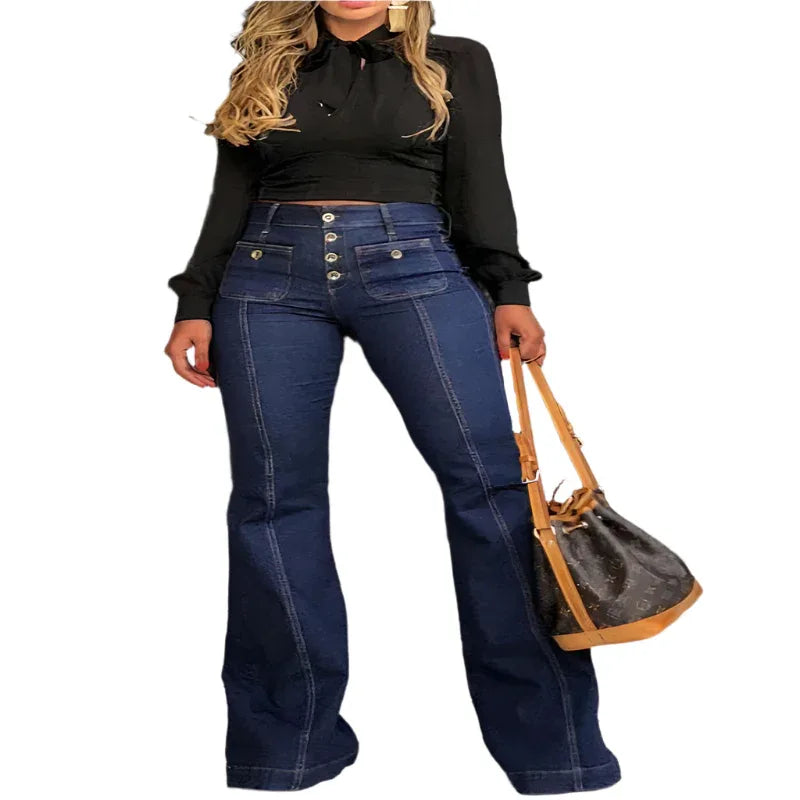 Pantalon Jean Femme Taille Haute Multi-boutons Slim Fit Denim
