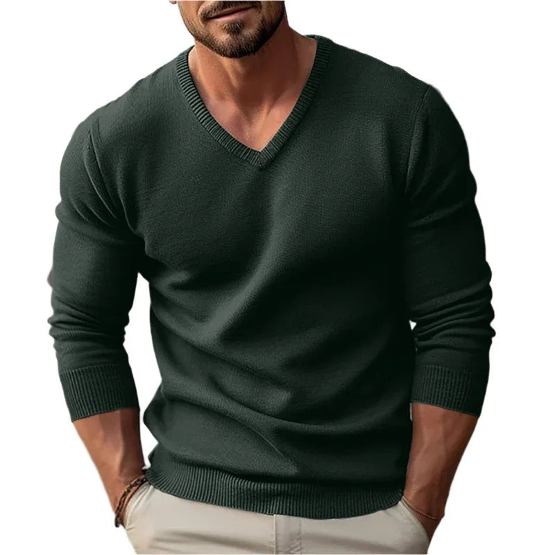 Pull en V tricoté à manches longues pour hommes, coupe ajustée