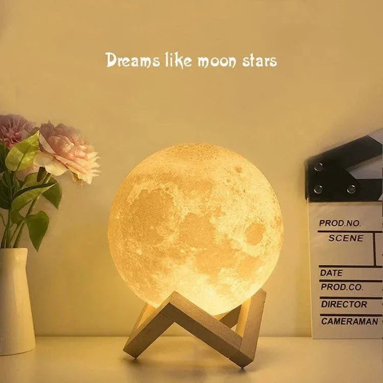 Lampe de table LED Lune de nuit avec socle en bois et 16 couleurs différentes