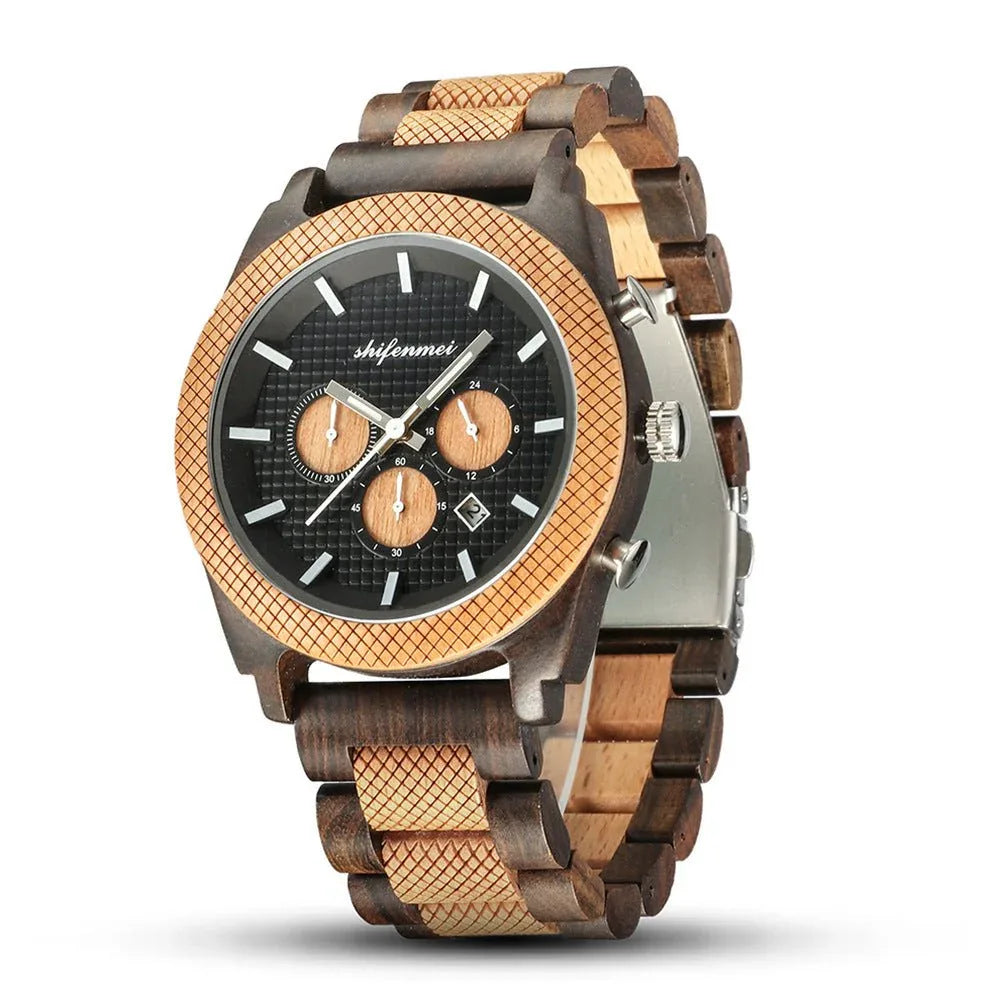 Montre Sport en Bois pour Homme avec Chronographe et Calendrier