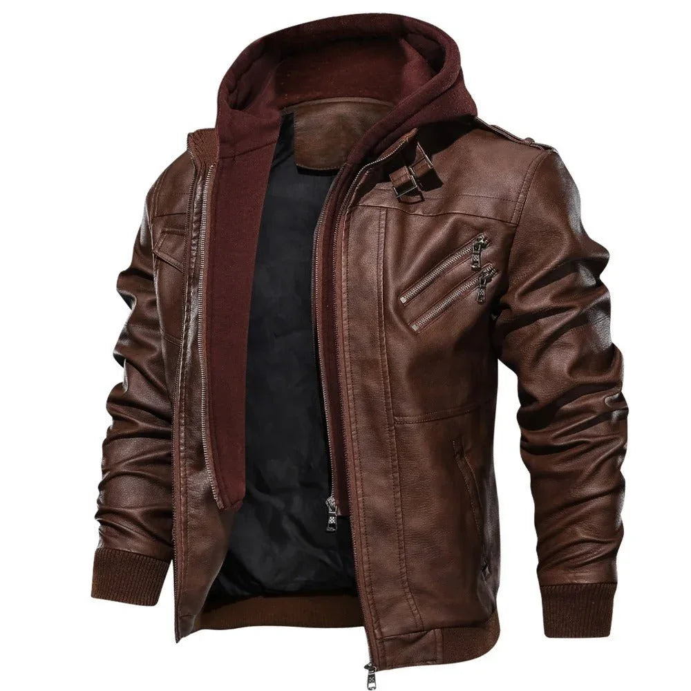 Blouson en cuir à capuche pour homme
