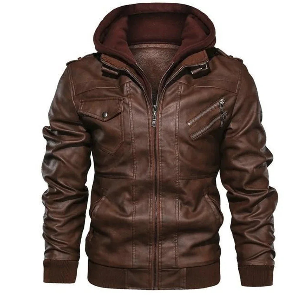 Blouson en cuir à capuche pour homme