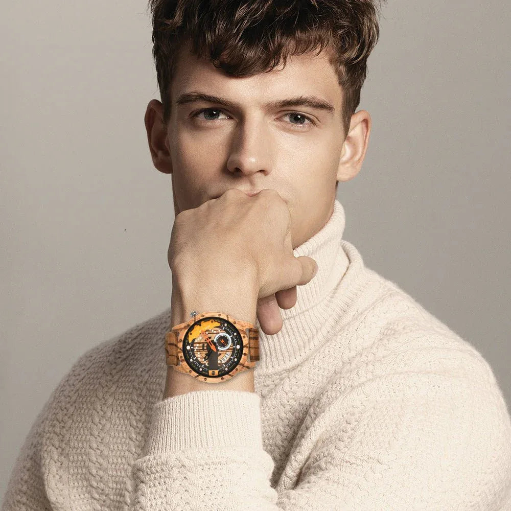 Montre en bois à quartz grand cadran pour homme