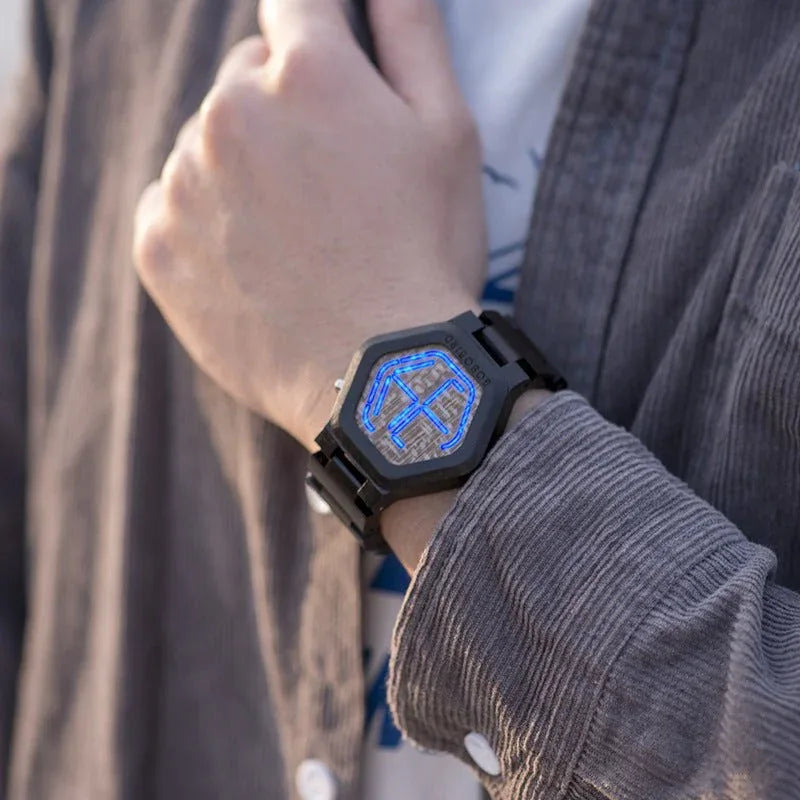 Montre en bois pour homme avec affichage LED et vision nocturne