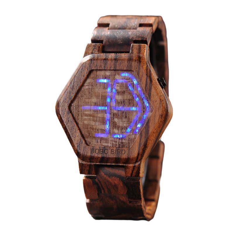 Montre en bois pour homme avec affichage LED et vision nocturne