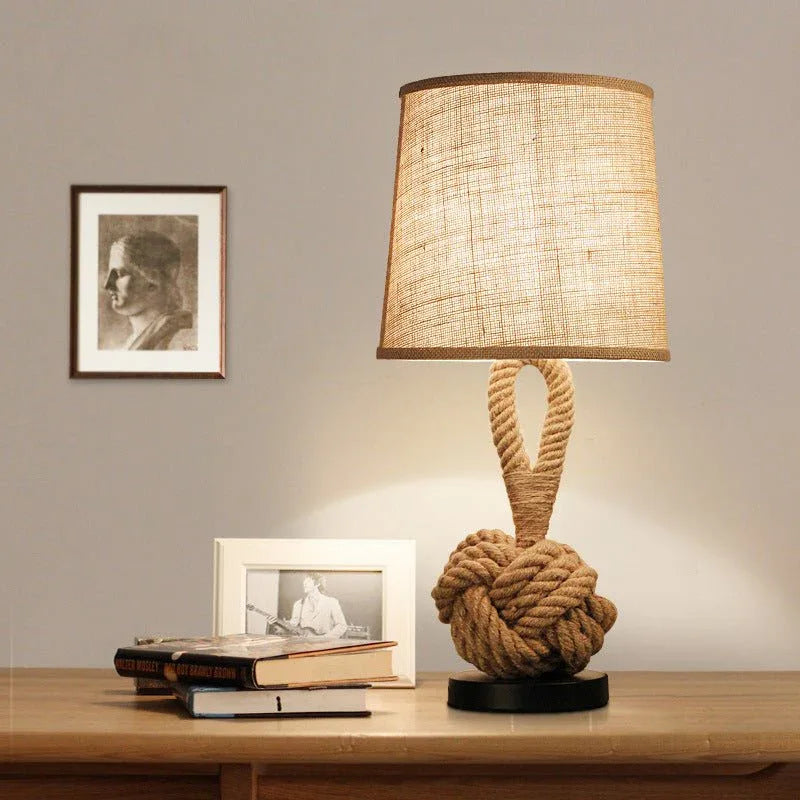 Lampe de chevet rétro en métal et corde de chanvre