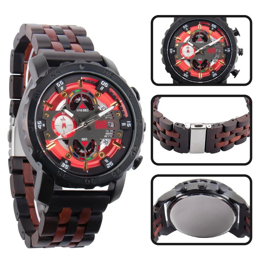 Montre en bois multifonctionnelle lumineuse à grand cadran pour hommes