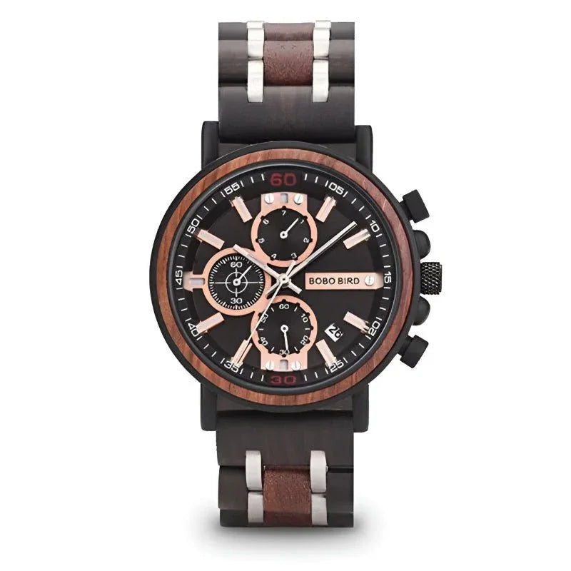 Montre multifonction en bois massif pour homme