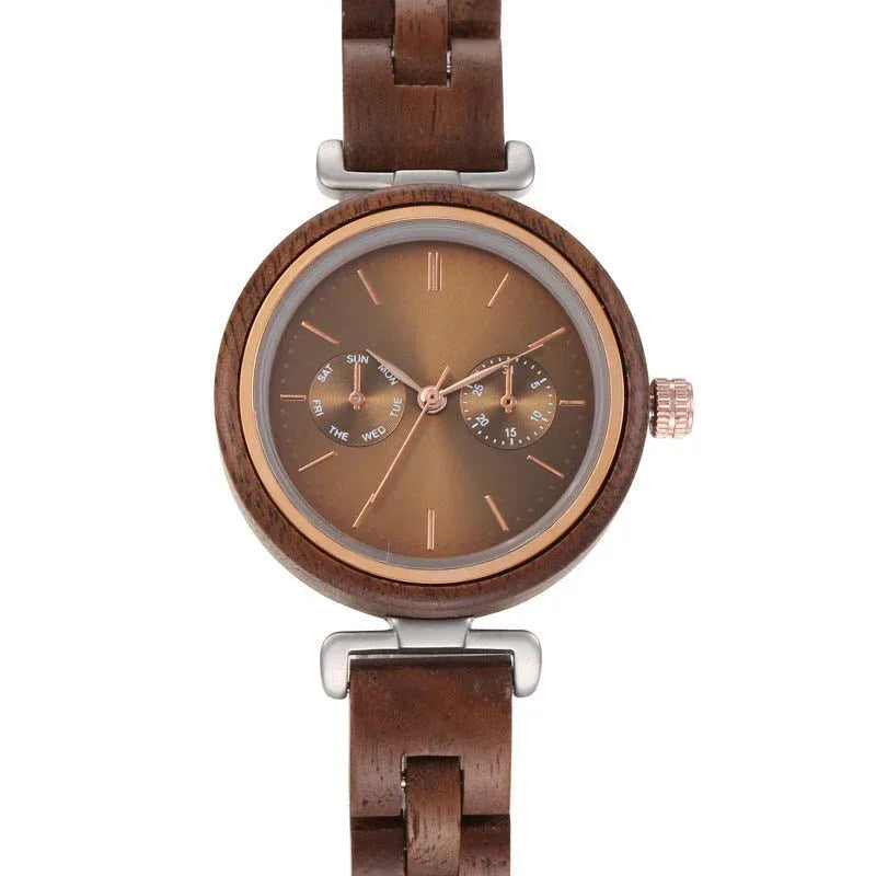 Montre ronde à quartz analogique en bois d'ébène pour femmes