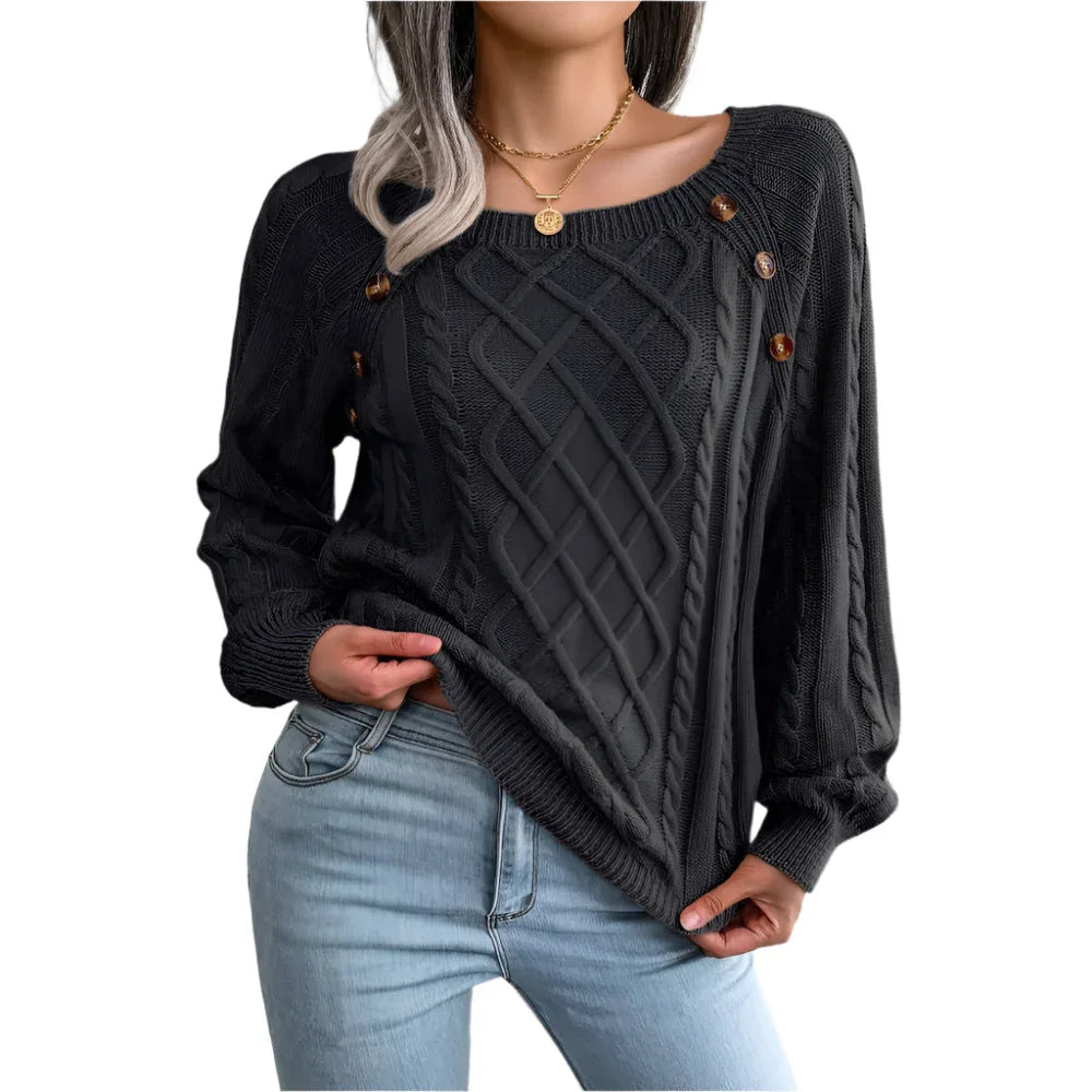 Pull en maille à col carré avec boutons, hauts chauds à manches longues pour femmes, vêtements d'hiver