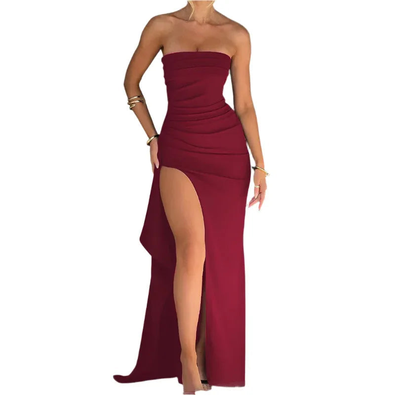 Trägerloses langes Kleid mit Schlitz für Brautjungfern und Hochzeitsfeiern für Damen