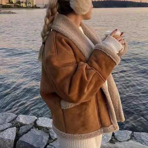 Manteau en suédine à col à revers avec poches Veste de mode hivernale pour femme