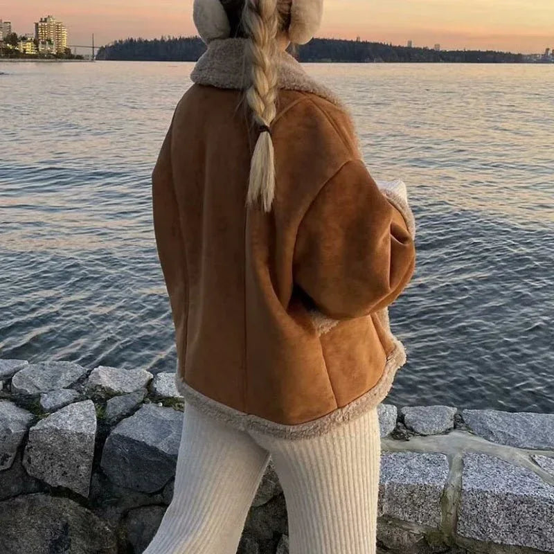 Manteau en suédine à col à revers avec poches Veste de mode hivernale pour femme