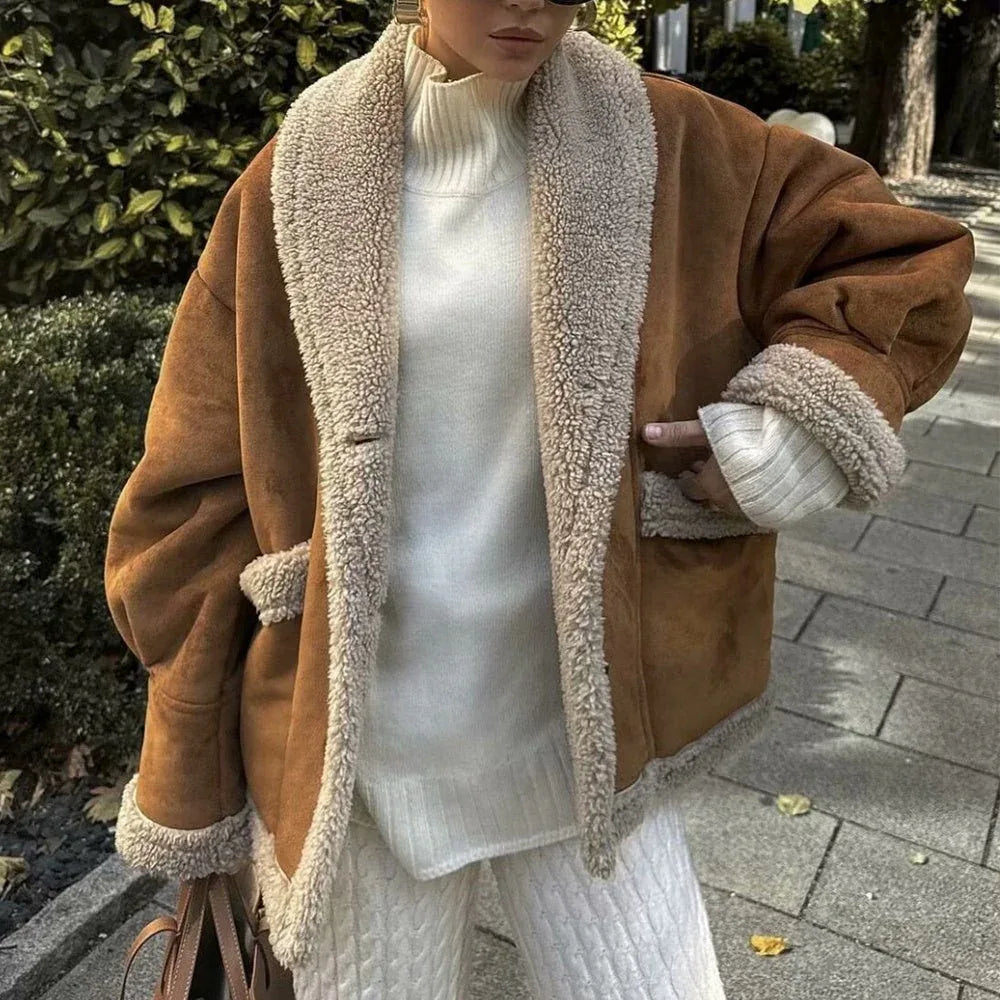 Manteau en suédine à col à revers avec poches Veste de mode hivernale pour femme