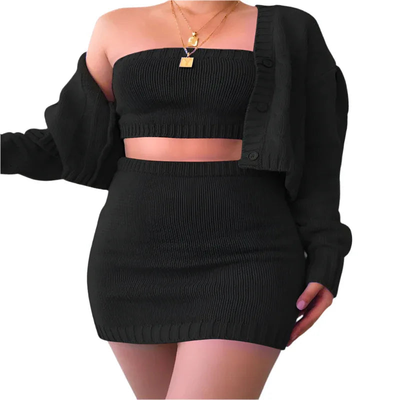 Strickpullover Crop Top & Rock Dreiteiliges Bekleidungsset
